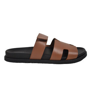 Hermes Chypre Sandal Men Black Brown Leather H Logo Slide Slip On Flat 44.5 11.5